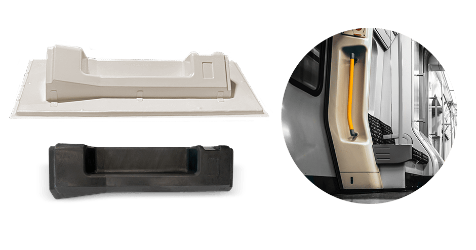 Thermoforming mold printed with EXT 1270 Titan Pellet printer, untrimmed thermoformed panel, trimmed panel installed in train interior.
